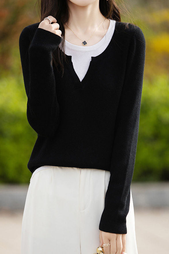 Casual Versatile Color-Block Fake Two-Piece Crew Neck Knitted Top