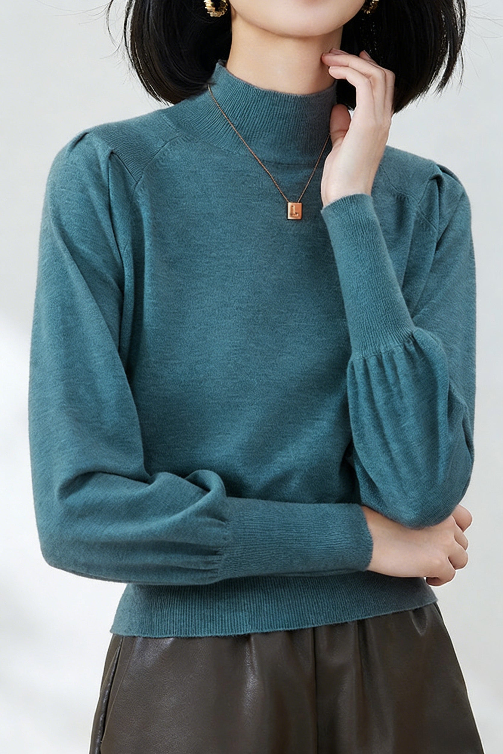 Casual Lantern Sleeve Half-High Neck Loose Knitted Top