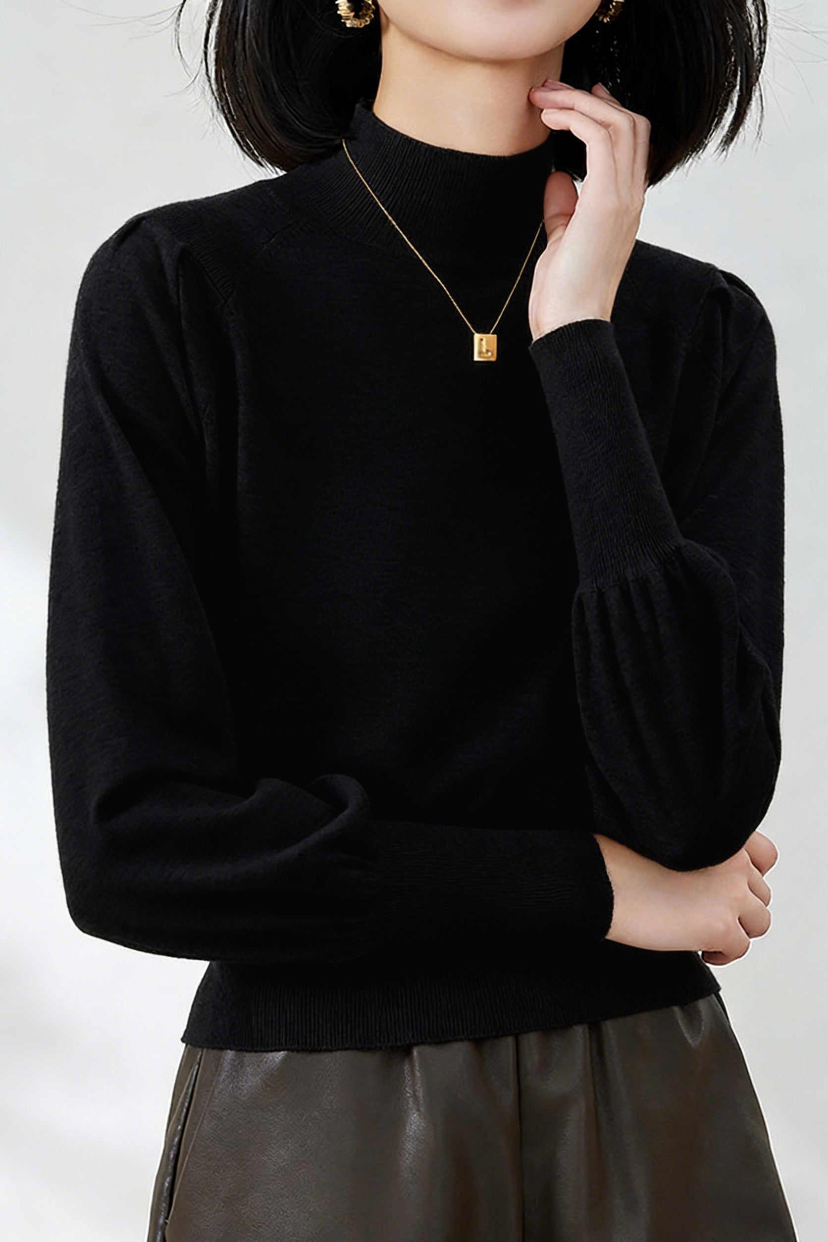 Casual Lantern Sleeve Half-High Neck Loose Knitted Top