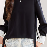 Casual Versatile Color-Block Lace Split Mid-Length Sweatshirt