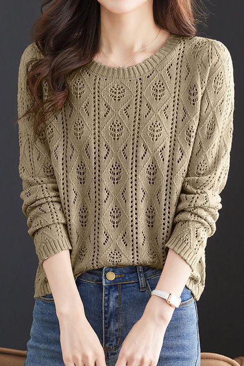 Casual Crew Neck Versatile Hollow-Out Knitted Top