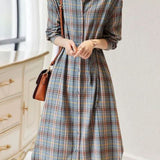 Casual Versatile Color-Block Plaid Shirt Collar Dress