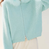 Casual Fur-Collar Hooded Solid-Color Knitted Cardigan