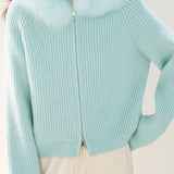 Casual Fur-Collar Hooded Solid-Color Knitted Cardigan