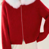 Casual Fur-Collar Hooded Solid-Color Knitted Cardigan