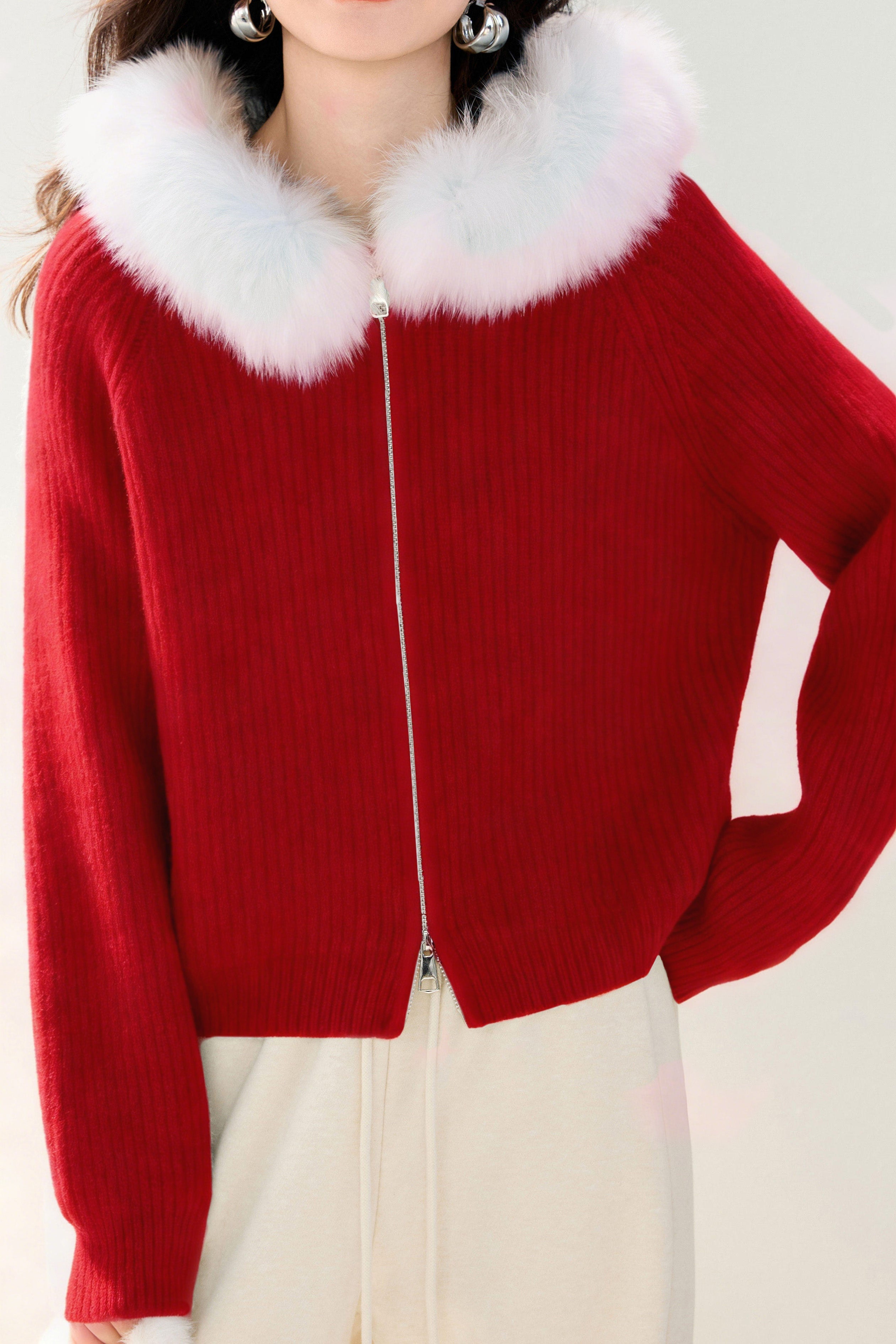 Casual Fur-Collar Hooded Solid-Color Knitted Cardigan