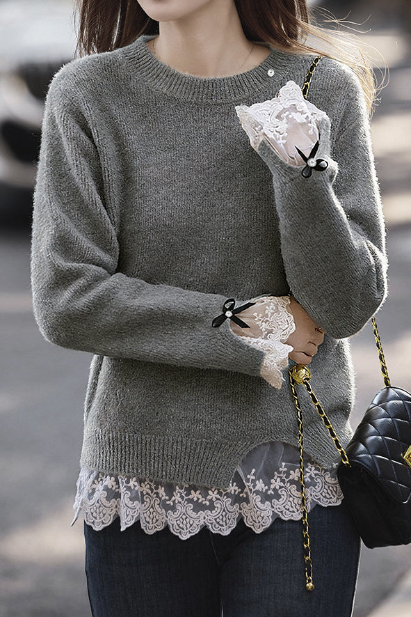 Casual Elegant Crew Neck Pullover Lace Bow Knitted Top