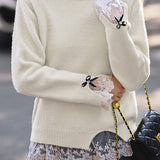 Casual Elegant Crew Neck Pullover Lace Bow Knitted Top