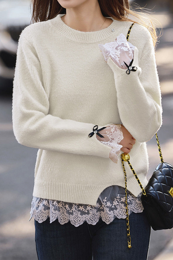 Casual Elegant Crew Neck Pullover Lace Bow Knitted Top