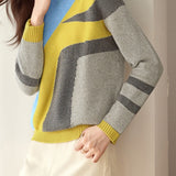 Casual Versatile Geometric Color-Block Half-High Neck Sweater