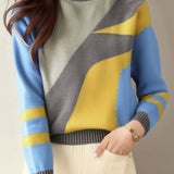 Casual Versatile Geometric Color-Block Half-High Neck Sweater