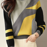 Casual Versatile Geometric Color-Block Half-High Neck Sweater