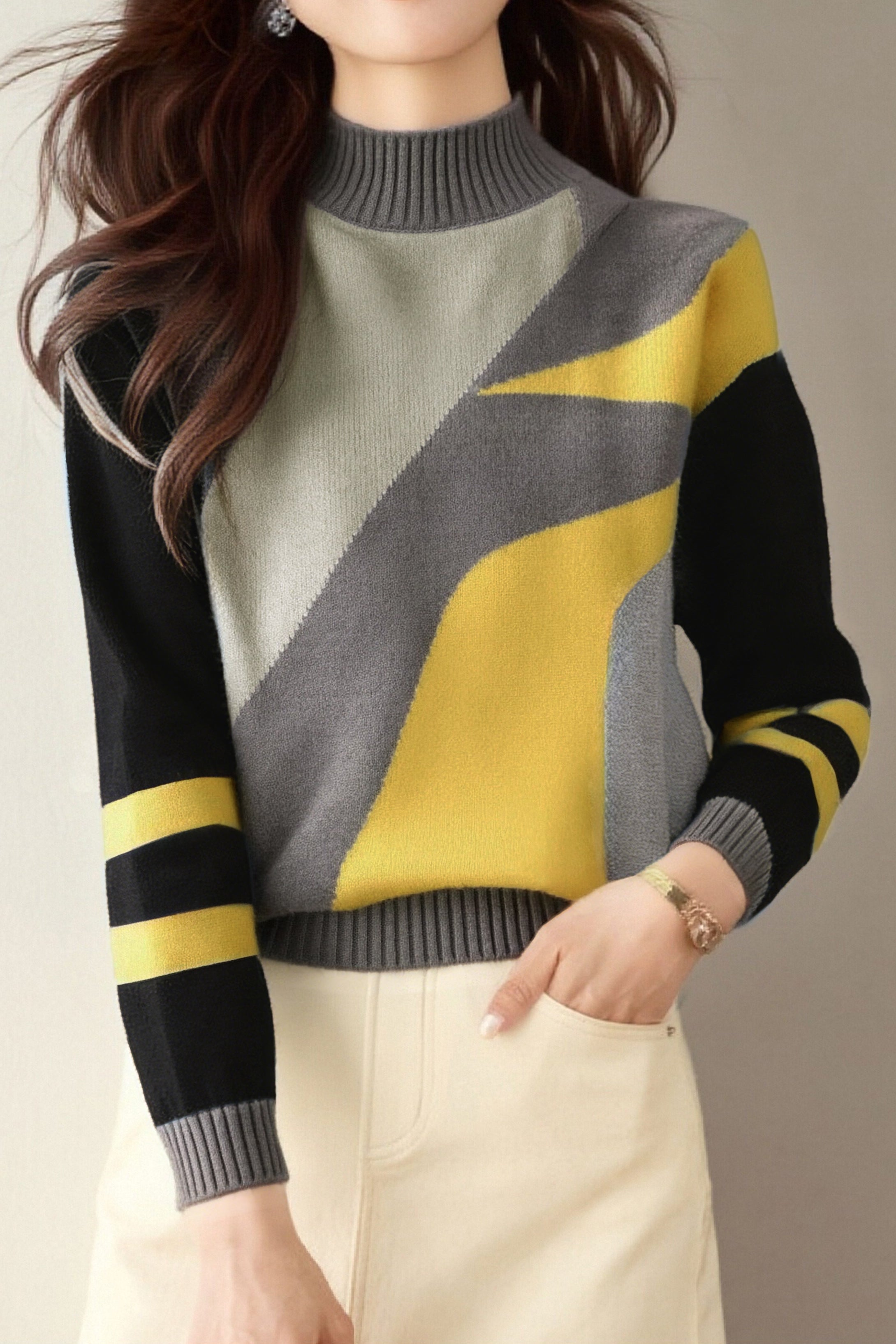 Casual Versatile Geometric Color-Block Half-High Neck Sweater
