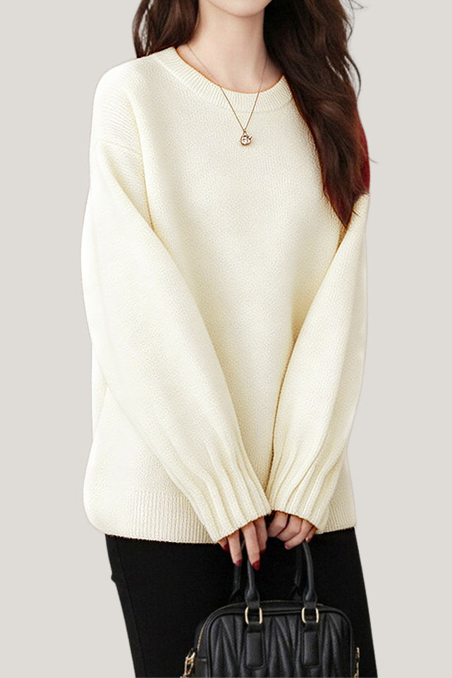 Casual Versatile Solid-Color Ruched Lantern Sleeve Pullover Sweater
