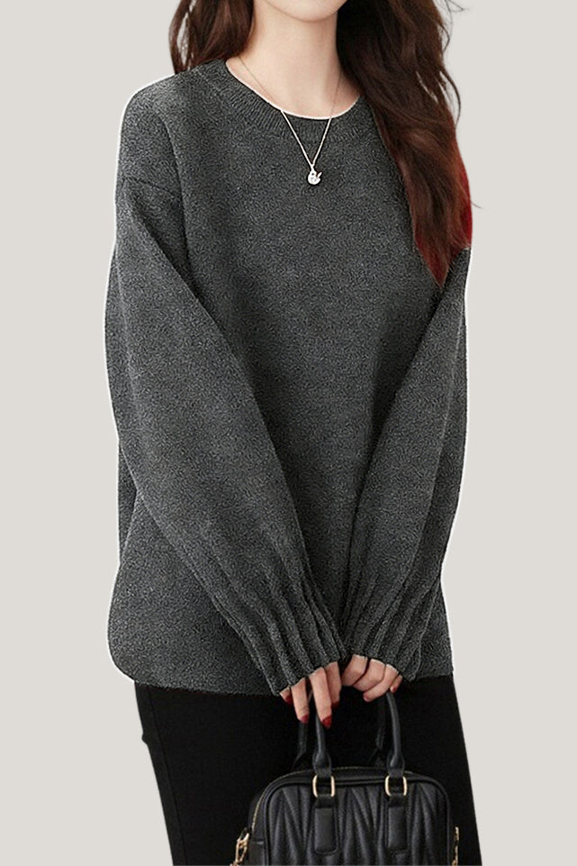 Casual Versatile Solid-Color Ruched Lantern Sleeve Pullover Sweater