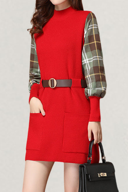 Casual Versatile Plaid Fake Two-Piece Patchwork Dress