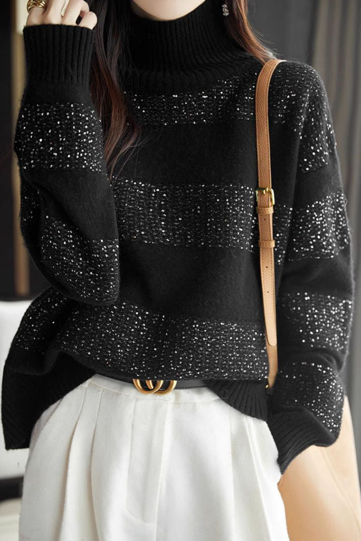 Casual Versatile Solid-Color Lurex Turtleneck Pullover Sweater