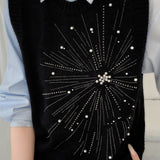 Casual Versatile Solid-Color Rhinestone Pearl Embellished Vest