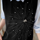 Casual Versatile Solid-Color Rhinestone Pearl Embellished Vest