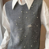 Casual Versatile Solid-Color Rhinestone Pearl Embellished Vest