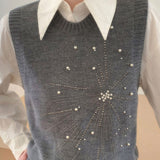 Casual Versatile Solid-Color Rhinestone Pearl Embellished Vest