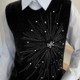 Casual Versatile Solid-Color Rhinestone Pearl Embellished Vest
