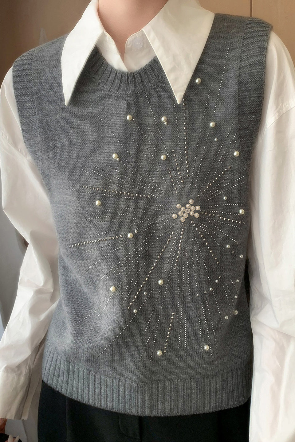 Casual Versatile Solid-Color Rhinestone Pearl Embellished Vest