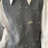 Casual Versatile Solid-Color Rhinestone Pearl Embellished Vest