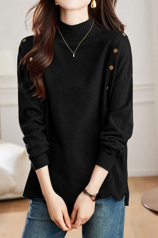Casual Versatile Half-High Neck Pullover Asymmetric Hem Knitted Top