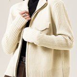 Casual Versatile Solid-Color Lapel Wide Ribbed Knitted Jacket