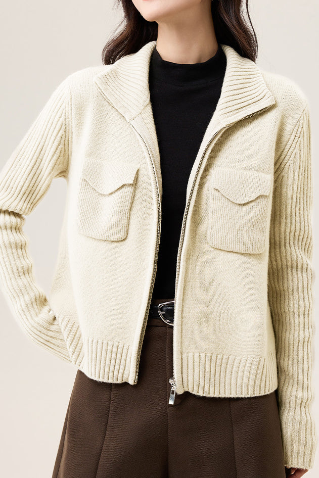Casual Versatile Solid-Color Lapel Wide Ribbed Knitted Jacket