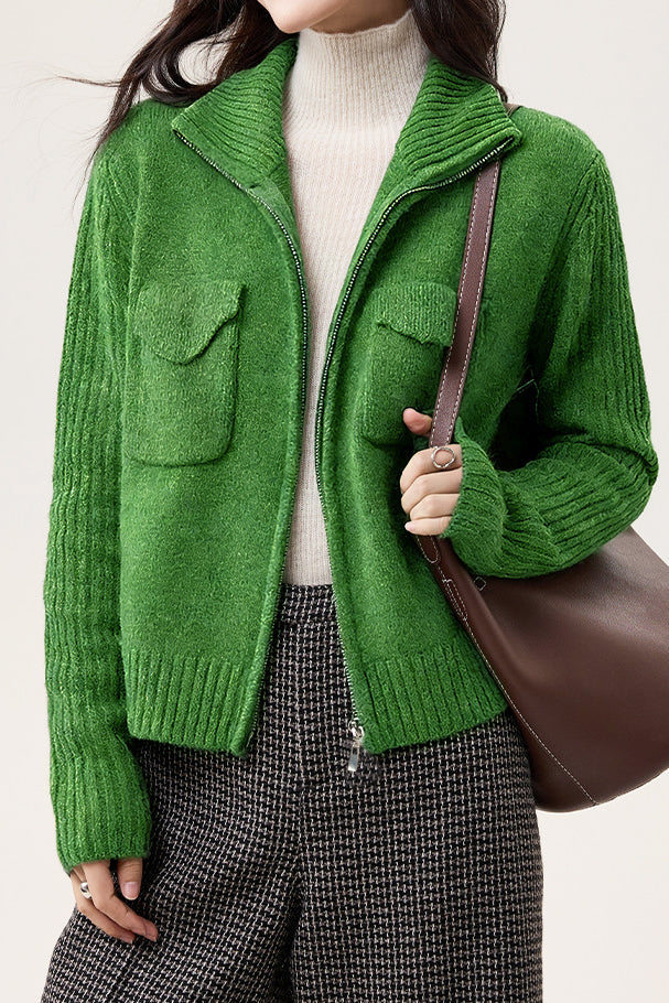 Casual Versatile Solid-Color Lapel Wide Ribbed Knitted Jacket