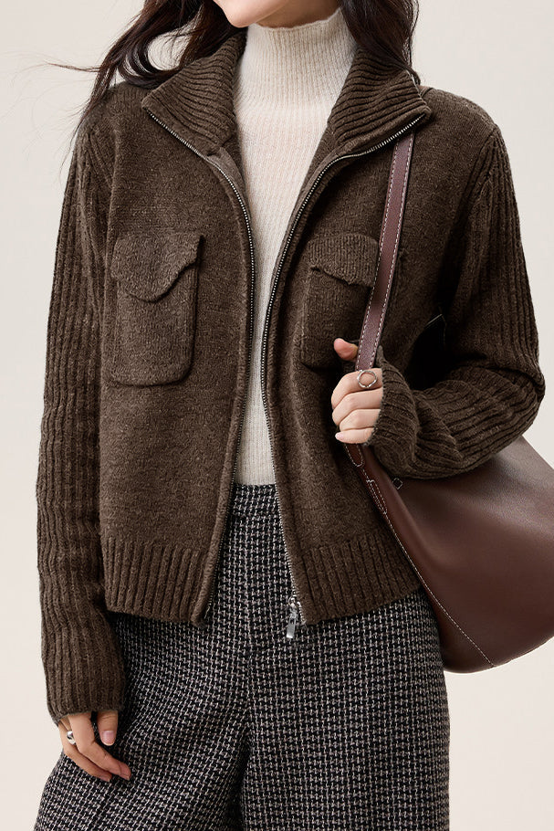 Casual Versatile Solid-Color Lapel Wide Ribbed Knitted Jacket