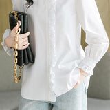 Casual Commuter Ruffled Stand Collar Solid-Color Long-Sleeve Shirt