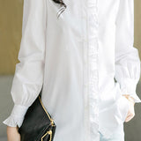 Casual Commuter Ruffled Stand Collar Solid-Color Long-Sleeve Shirt