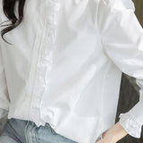 Casual Commuter Ruffled Stand Collar Solid-Color Long-Sleeve Shirt