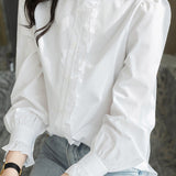 Casual Commuter Ruffled Stand Collar Solid-Color Long-Sleeve Shirt