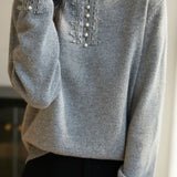 Casual Elegant Half-High Neck Beaded Lace Long-Sleeve Pullover Knitted Top