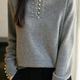 Casual Elegant Half-High Neck Beaded Lace Long-Sleeve Pullover Knitted Top