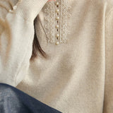 Casual Elegant Half-High Neck Beaded Lace Long-Sleeve Pullover Knitted Top