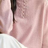 Casual Elegant Half-High Neck Beaded Lace Long-Sleeve Pullover Knitted Top