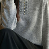 Casual Elegant Half-High Neck Beaded Lace Long-Sleeve Pullover Knitted Top