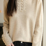 Casual Elegant Half-High Neck Beaded Lace Long-Sleeve Pullover Knitted Top