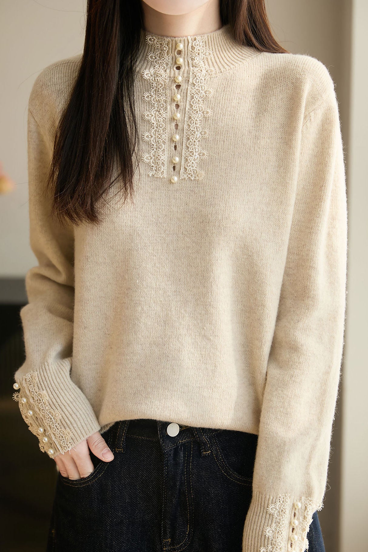 Casual Elegant Half-High Neck Beaded Lace Long-Sleeve Pullover Knitted Top