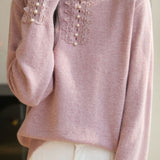 Casual Elegant Half-High Neck Beaded Lace Long-Sleeve Pullover Knitted Top