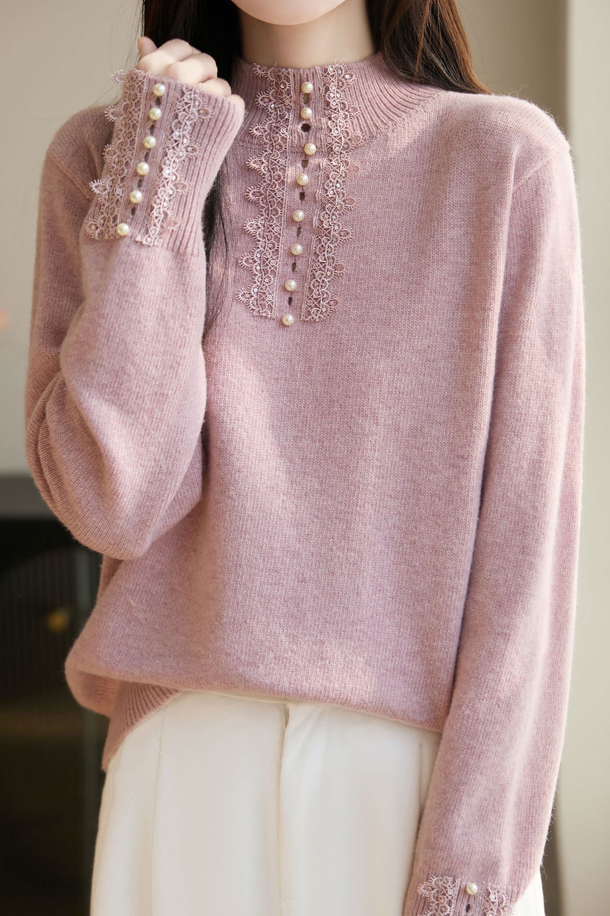Casual Elegant Half-High Neck Beaded Lace Long-Sleeve Pullover Knitted Top
