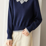 Casual Minimalist Lapel Fake Two-Piece Color-Block Pullover Knitted Top