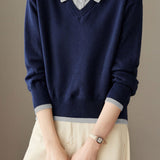 Casual Minimalist Lapel Fake Two-Piece Color-Block Pullover Knitted Top