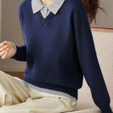 Casual Minimalist Lapel Fake Two-Piece Color-Block Pullover Knitted Top