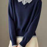Casual Minimalist Lapel Fake Two-Piece Color-Block Pullover Knitted Top